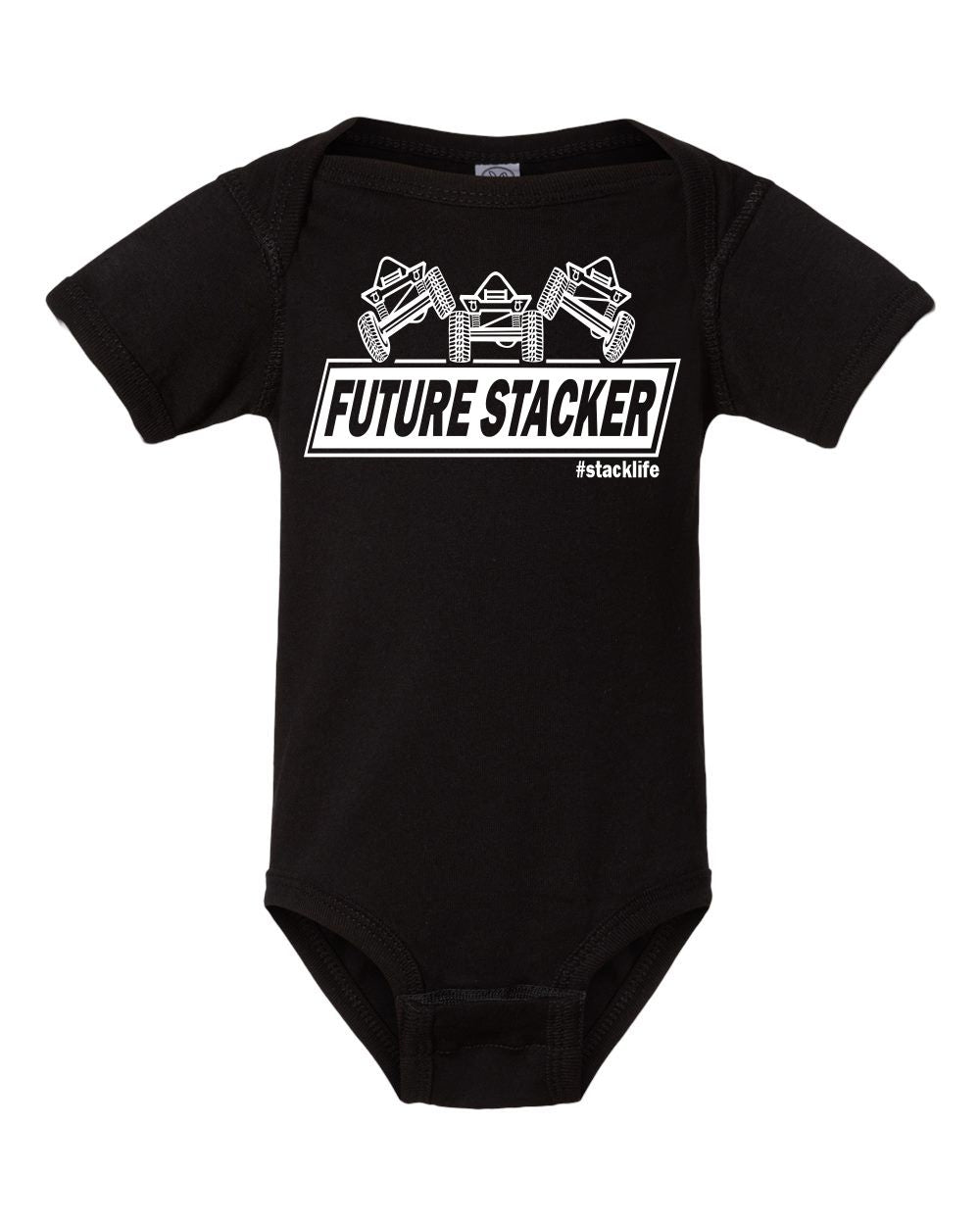 Black Onesie with Future Stacker across the front with 3 stacked off road vehicles
