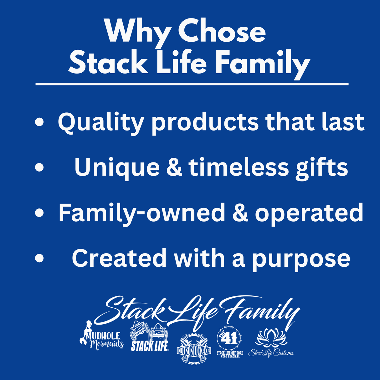 Promotional graphic for Stack Life Family with text and logos on a blue background