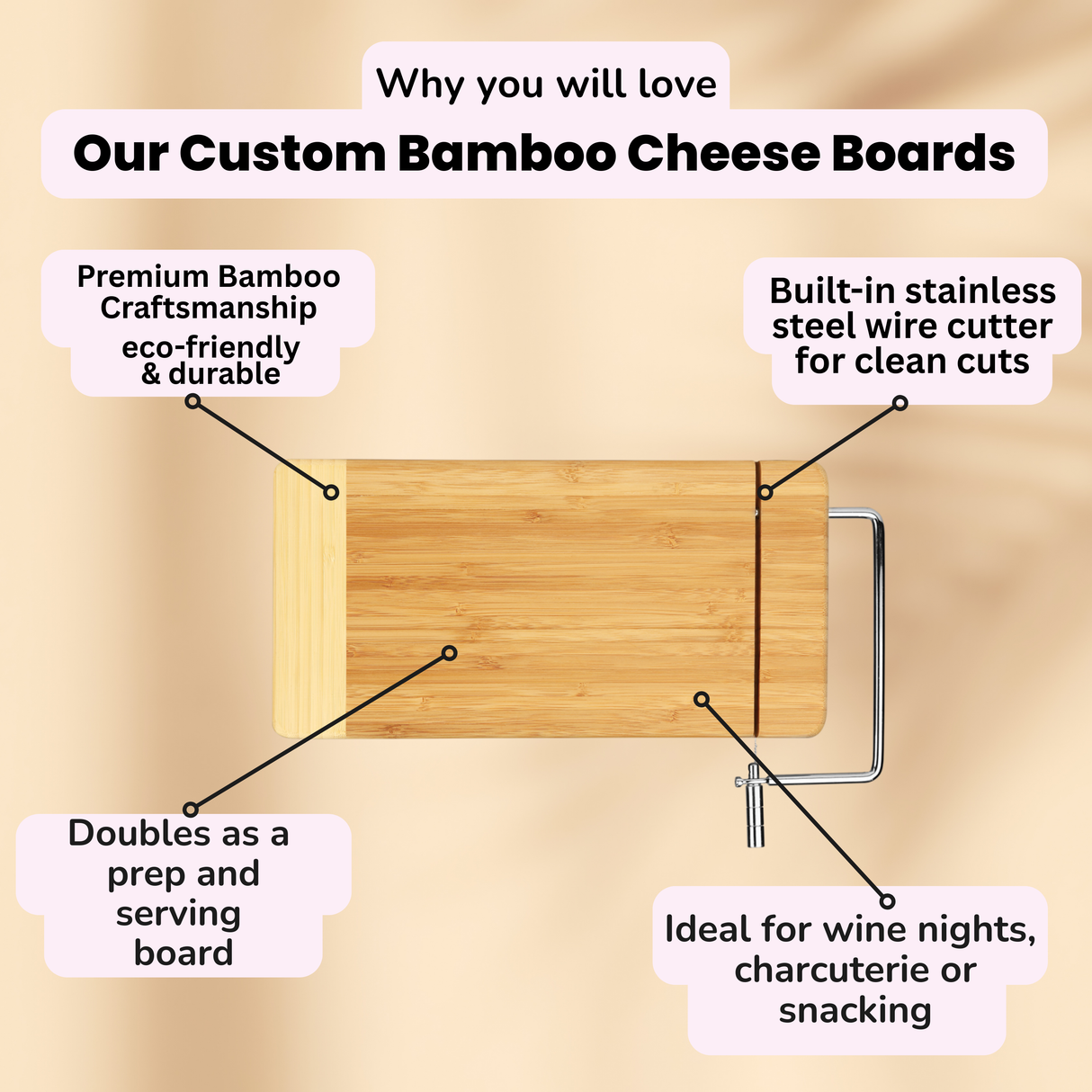 Don't Worry Brie Happy- Bamboo Cutting Board with Wire Cheese Cutter