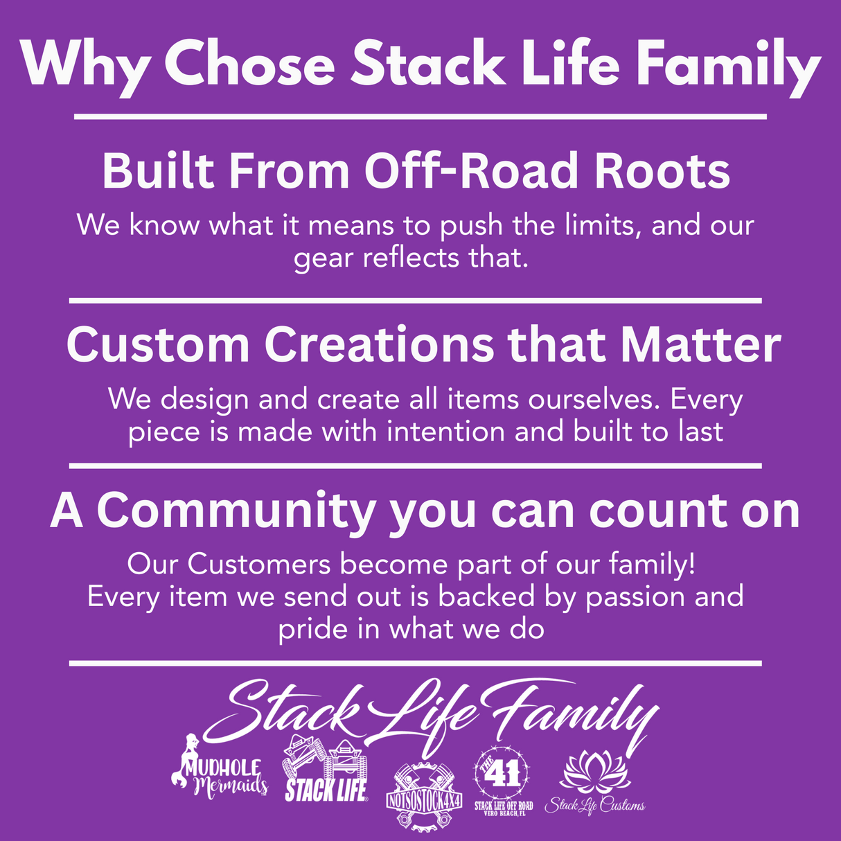 Promotional text about Stack Life Family on a purple background