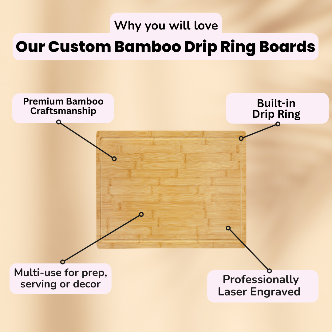 Bamboo drip ring board with features highlighted on a beige background