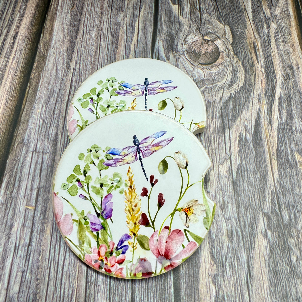 ceramic car coaster with wild flowers and a dragonfly