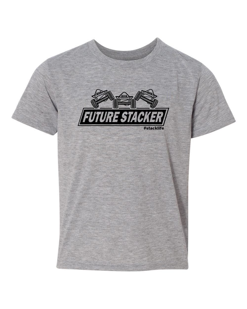 light grey youth shirt with black future stacker across the front with 3 stacked off road vehicles on top