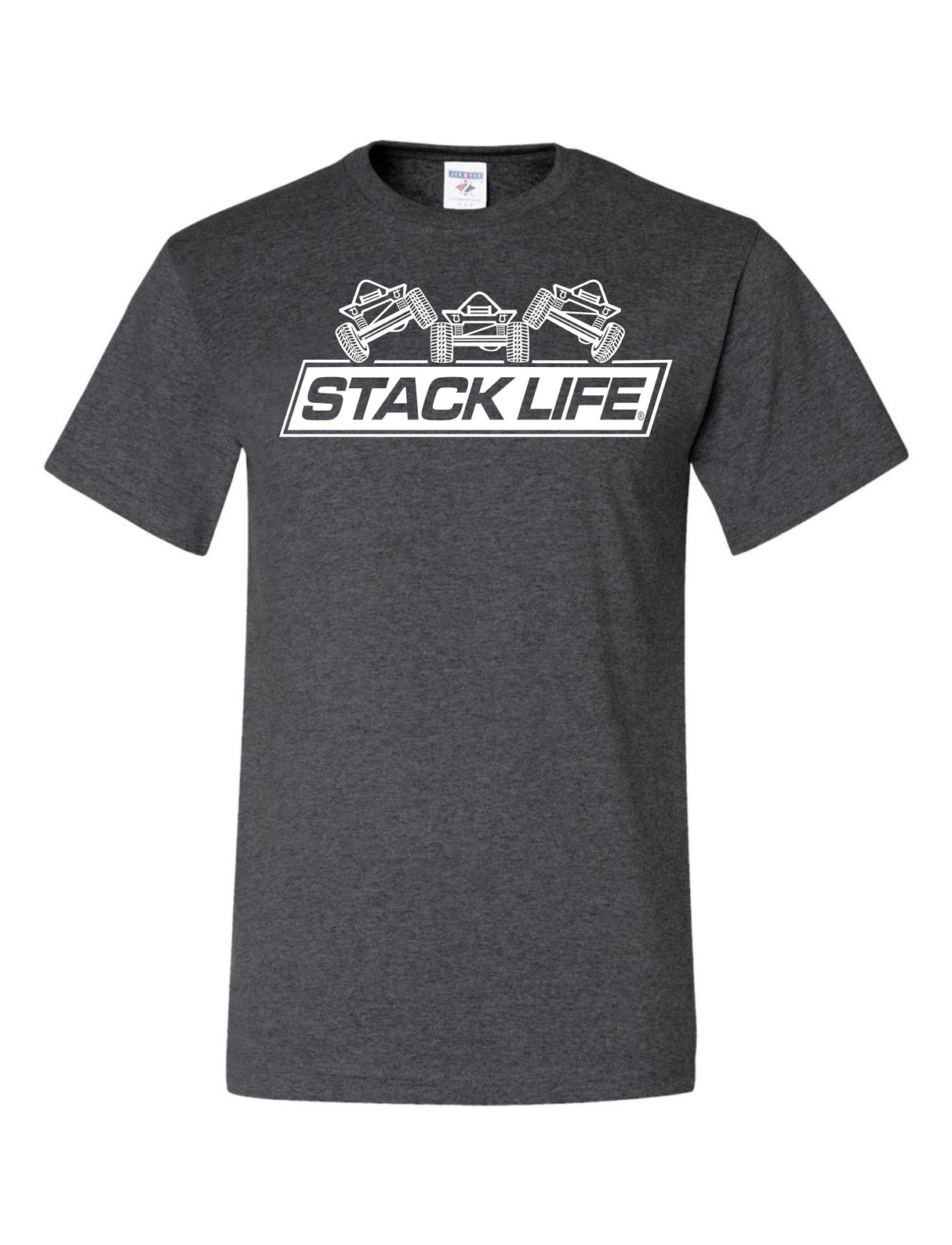 A gray Stack Life t-shirt with the Stack Life logo printed on the front.