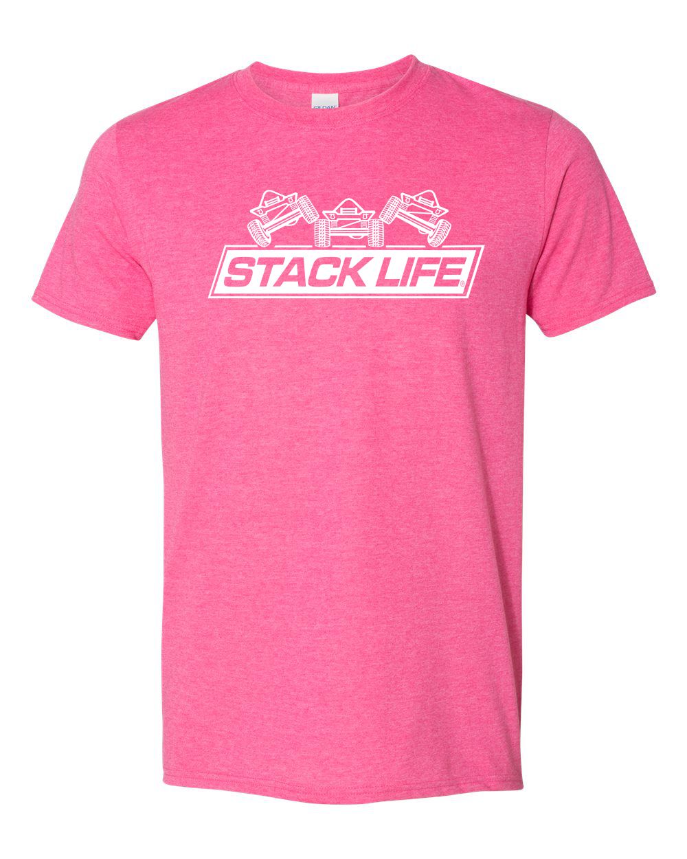 A pink t-shirt with the Stack Life logo printed on the front.