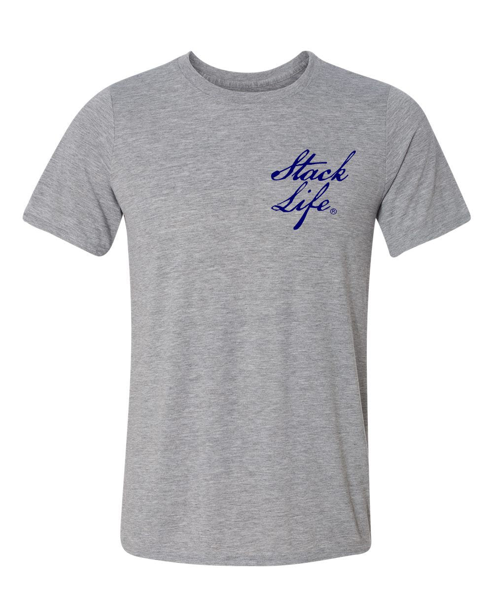 Front of greytshirt with Stack Life on the left chest in blue