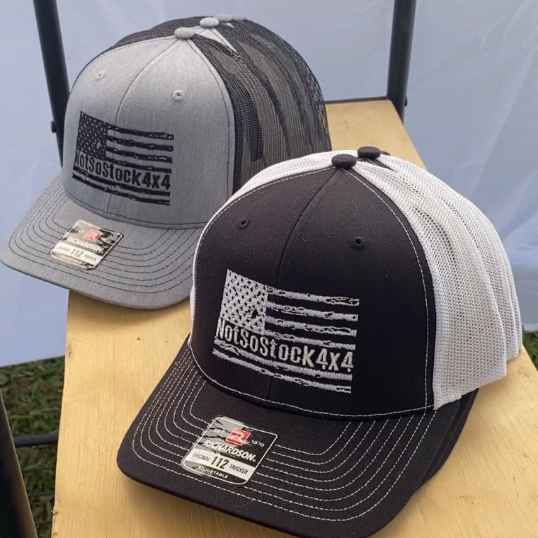 NotSoStock4x4 trucker hats in black and white and grey and black