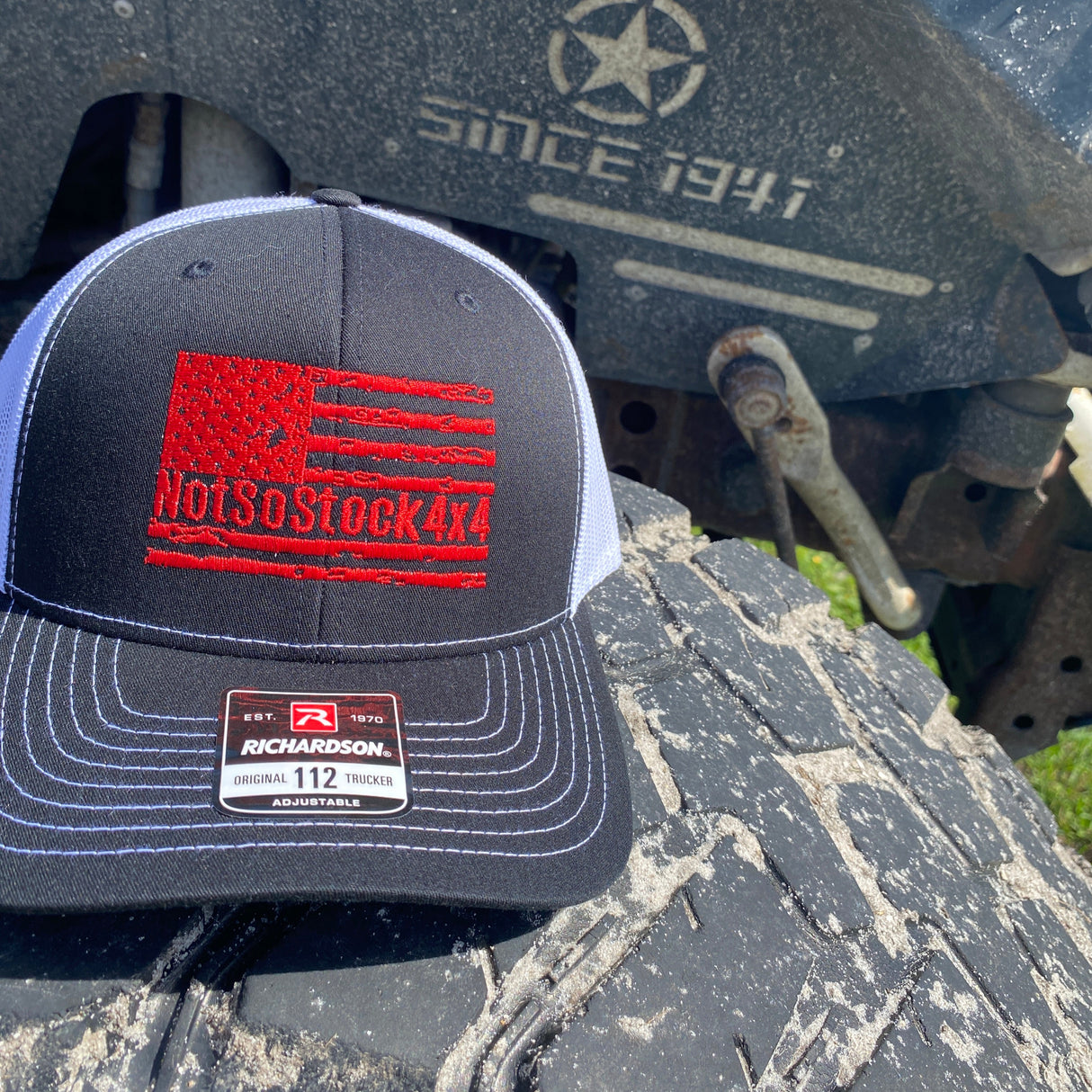 black and white trucker hat with red american flag notsostock4x4