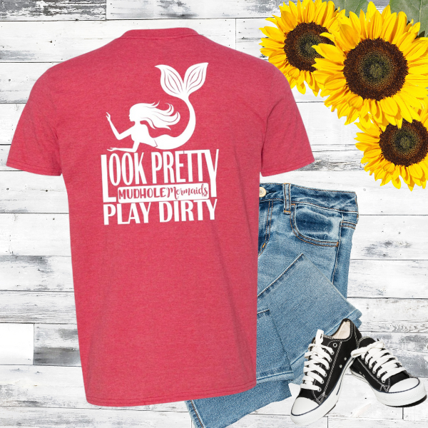 stylized look pretty play dirty tshirt in red, mudhole mermaids