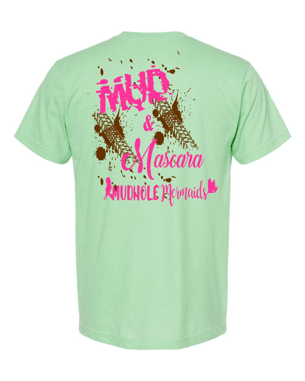 A mint t-shirt with the text 'MUD & MASCARA' and a mermaid design in pink and brown colors.