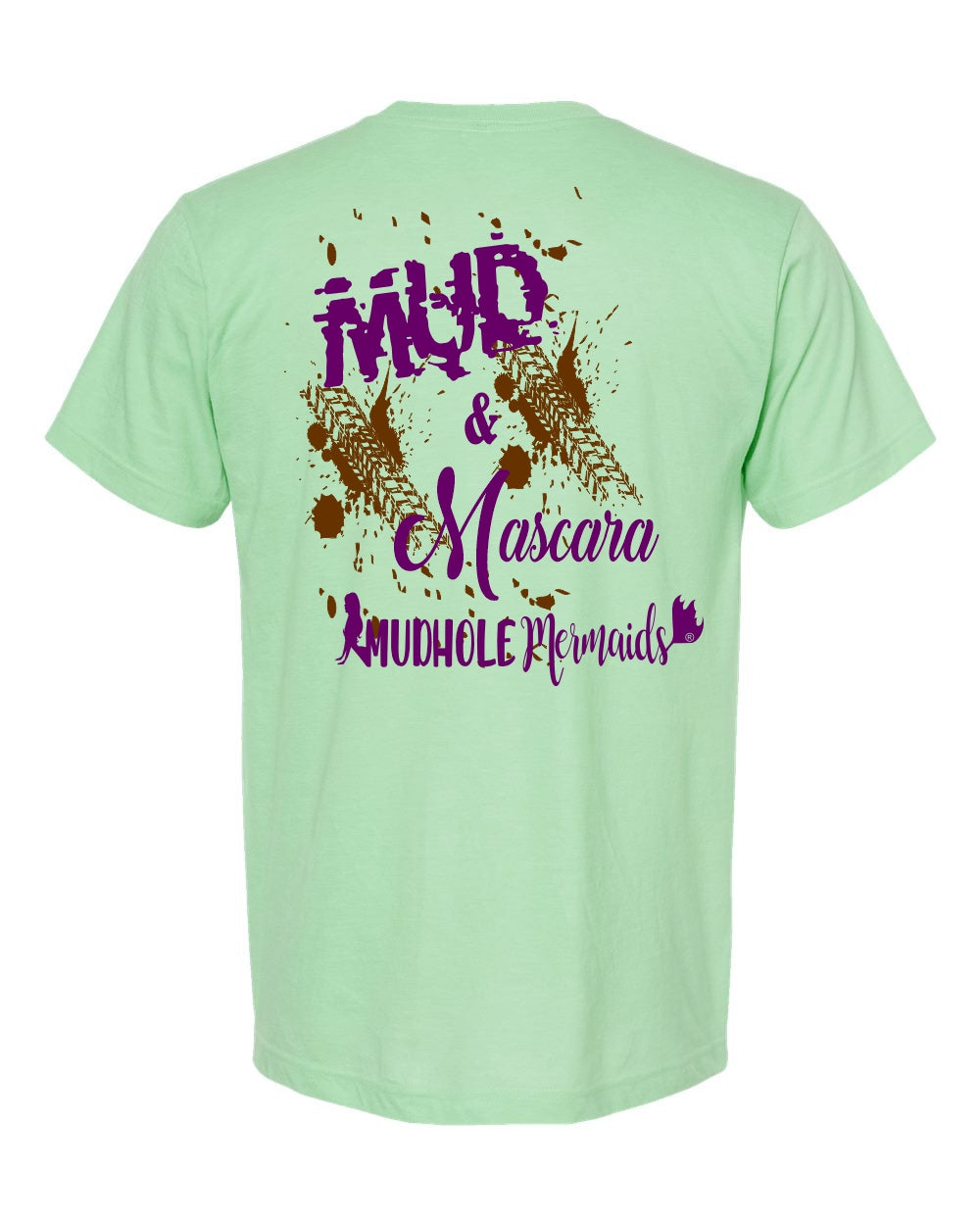 A mint t-shirt with the text 'MUD & MASCARA' and a mermaid design on the back.