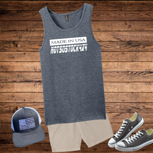 stylized notsostock4x4 unisex tank in heather navy with not so stock 4x4 hat