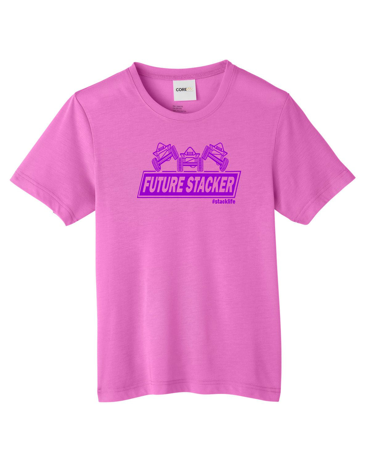 hot pink youth shirt withpurple future stacker across the front with 3 stacked off road vehicles on top