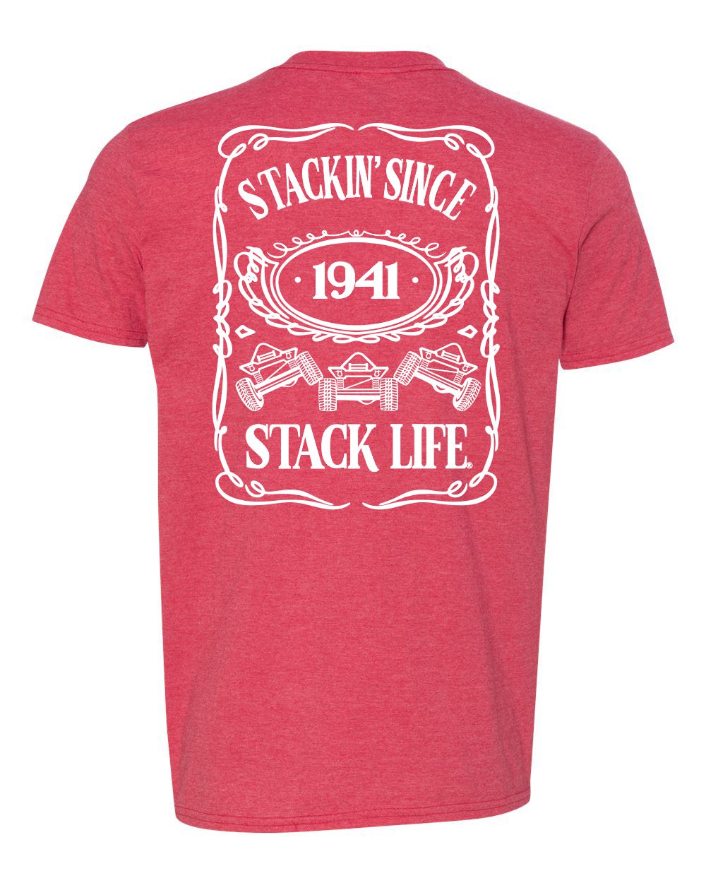 A red t-shirt with 'Stackin' Since 1941' and 'Stack Life'