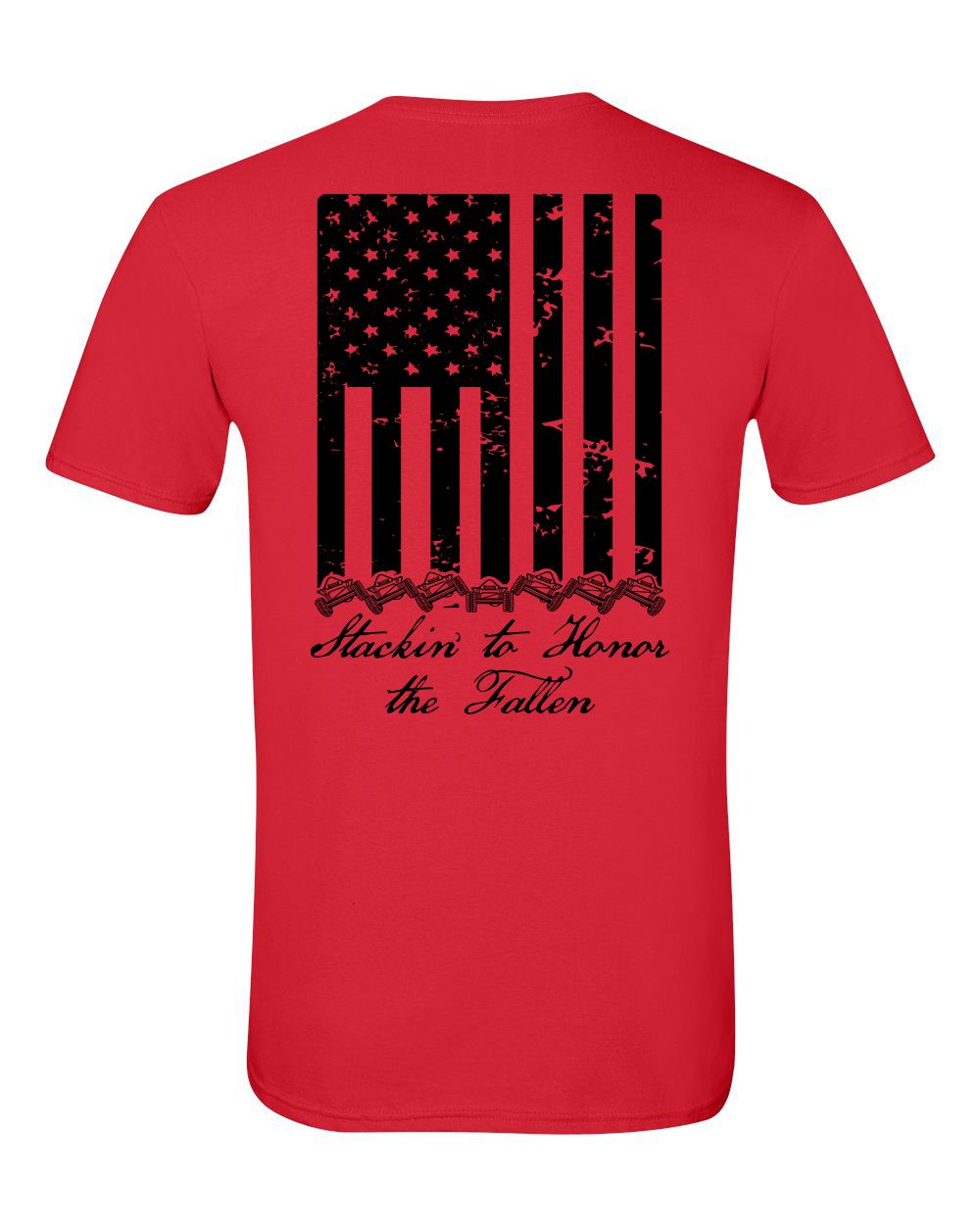 Red t shirt with american flag in black on the back running vertical down back. At the bottom of the flag is a stack of 7 off road vehicles with the words Stackin' to honor the fallen underneath