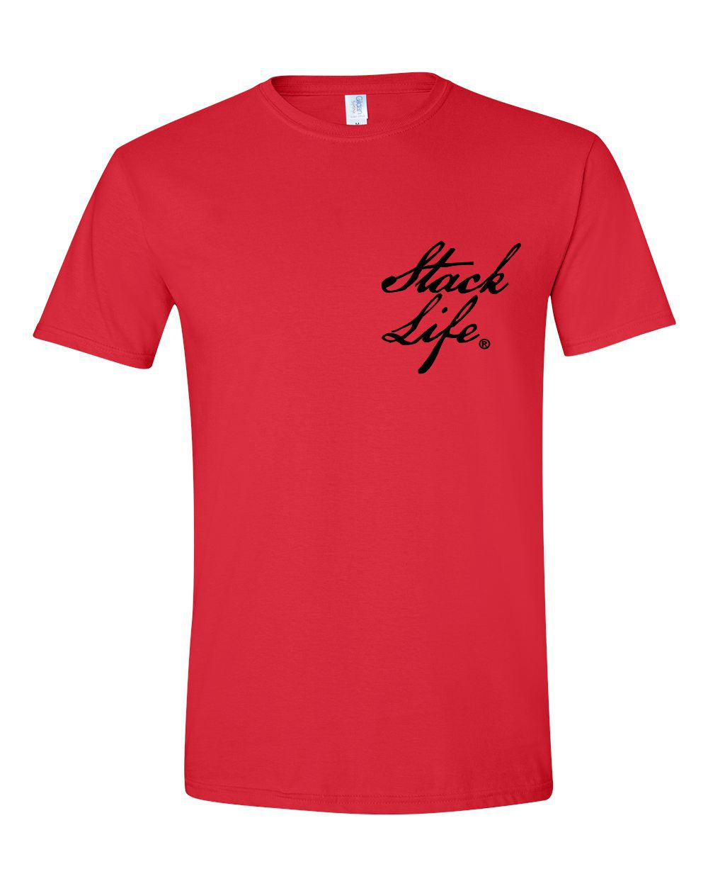 Front of red tshirt with Stack Life on the left chest in black