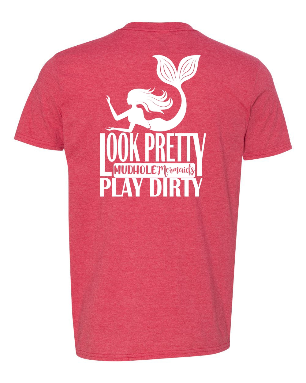 A red t-shirt with a graphic print of a mermaid and text that reads 'Look Pretty, Play Dirty'