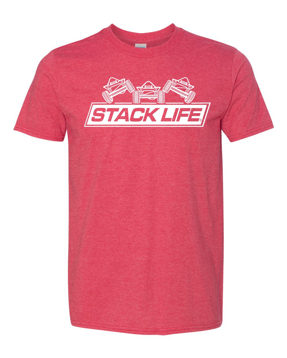 A red t-shirt with the Stack Life logo printed on the front.