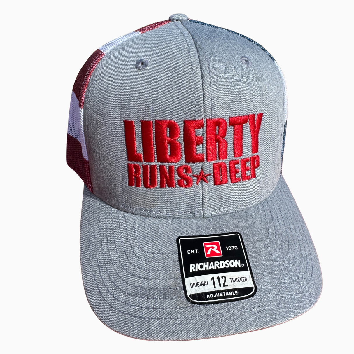 Liberty Runs Deep Trucker Hat | Grey Front with Flag Mesh Back