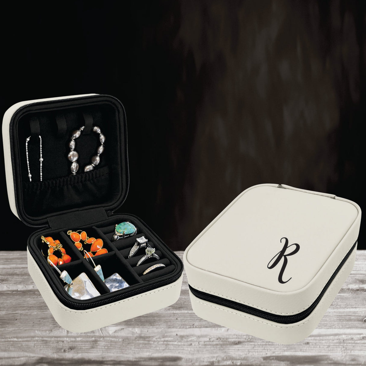 Mock up of White jewelry box with single monogram R