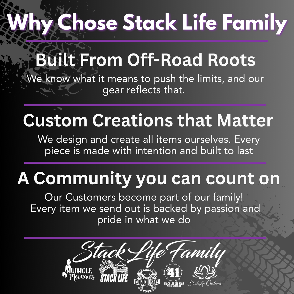 Promotional text about Stack Life Family with a black background and white and purple text.
