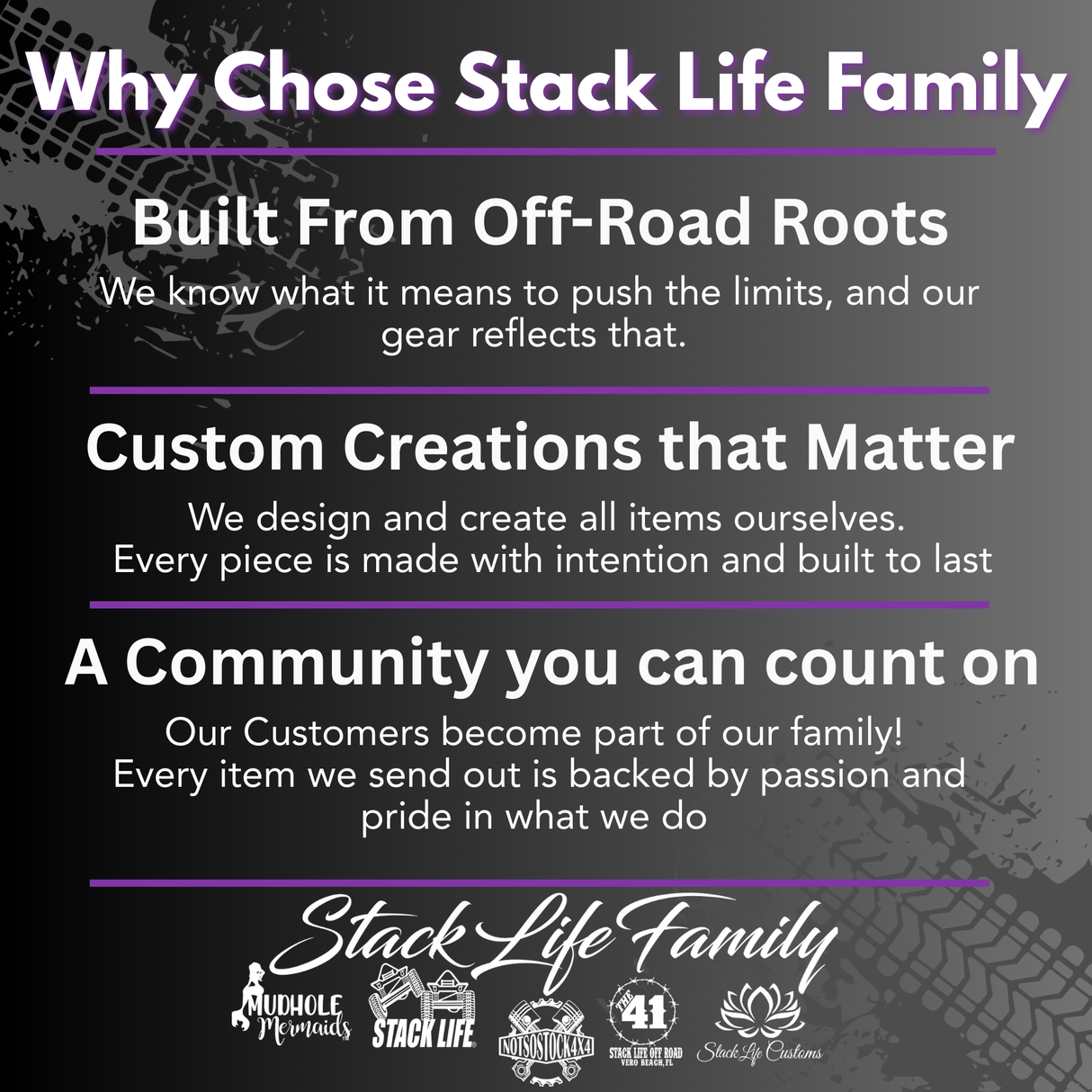 Promotional text about Stack Life Family on a dark background with branding elements.
