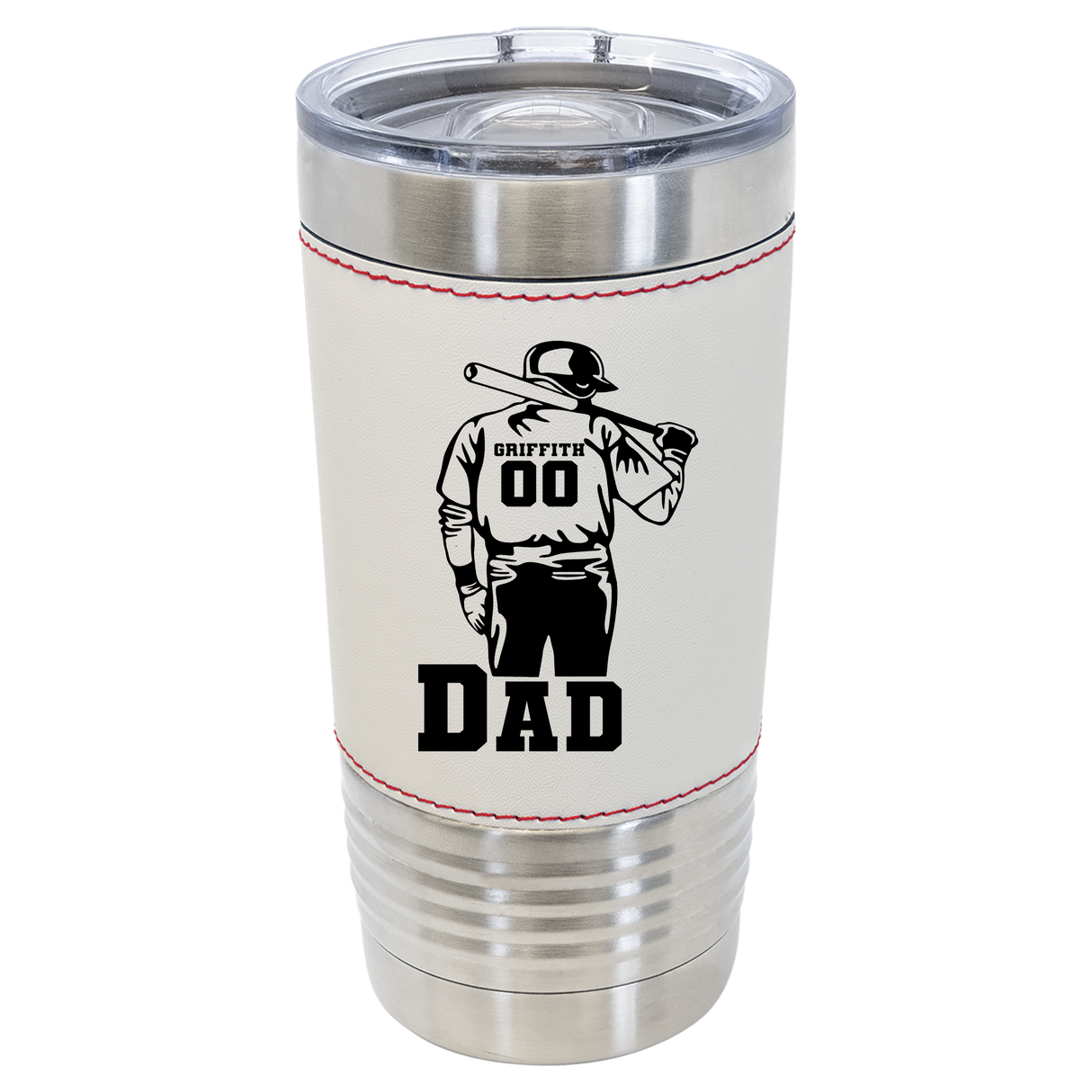 20 oz tumbler baseball leather tumbler with ball player holding a bat with custom name and number with Dad under in block letters front view – Stack Life Customs