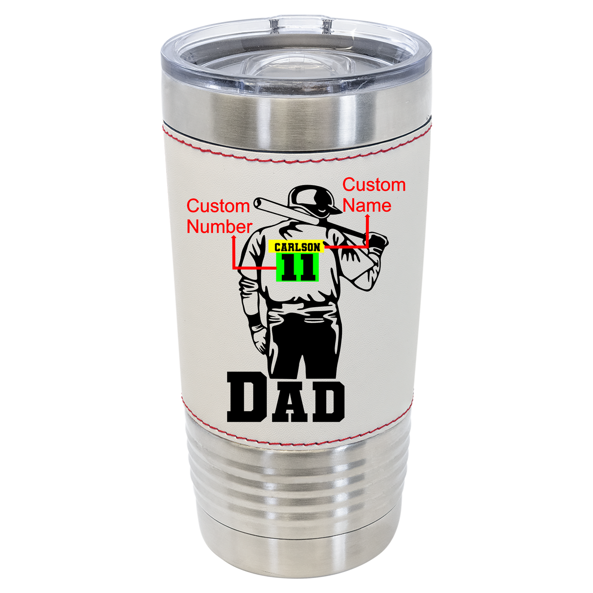 20 oz tumbler baseball leather tumbler with ball player holding a bat with custom name and number with Dad under in block letters front view - Stack Life Customs