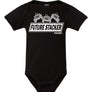 Black Onesie with Future Stacker  across the front with 3 stacked off road vehicles
