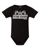 Black Onesie with Future Stacker  across the front with 3 stacked off road vehicles