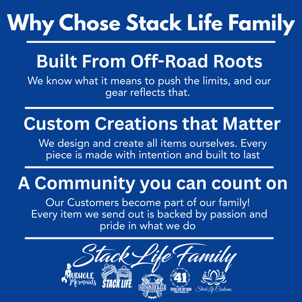 Promotional text about Stack Life Family on a blue background with white text.