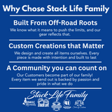 Promotional text about Stack Life Family on a blue background with white text.