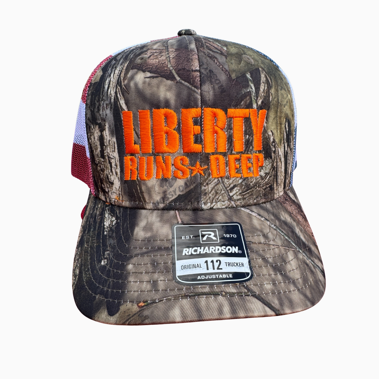 Liberty Runs Deep Trucker Hat |Camo Front with Flag Mesh Back