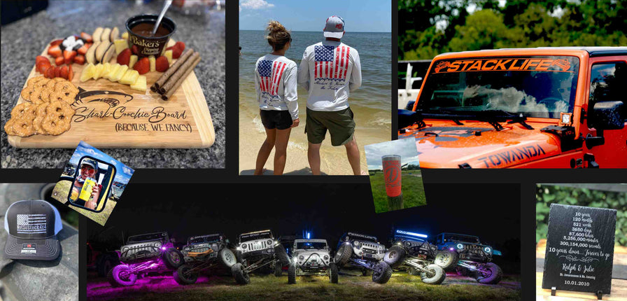 picture collage of products offered from cutting boards to tumblers to off road apparel