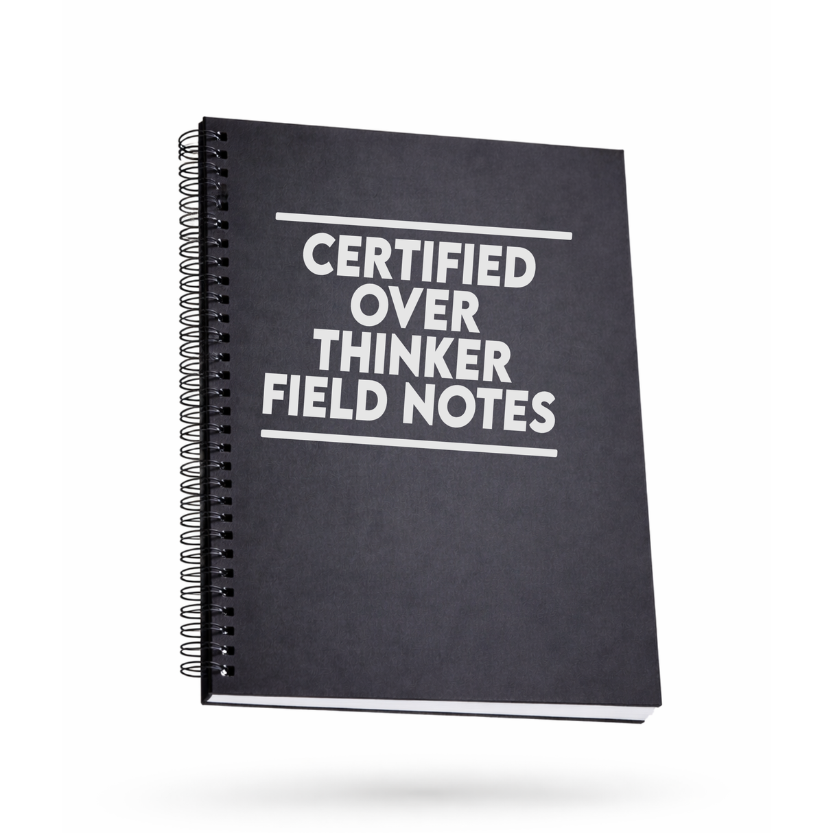 Certified over thinker field notes black notebook on a white background
