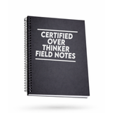 Certified over thinker field notes black notebook on a white background
