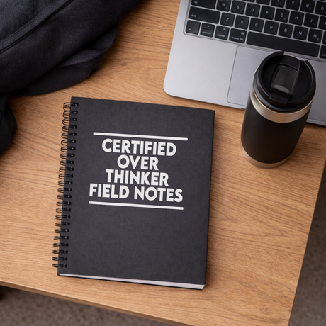 black spiral bound notebook with certified overthinker field notes on the front of it. image is on a desk with a laptop and coffee mug