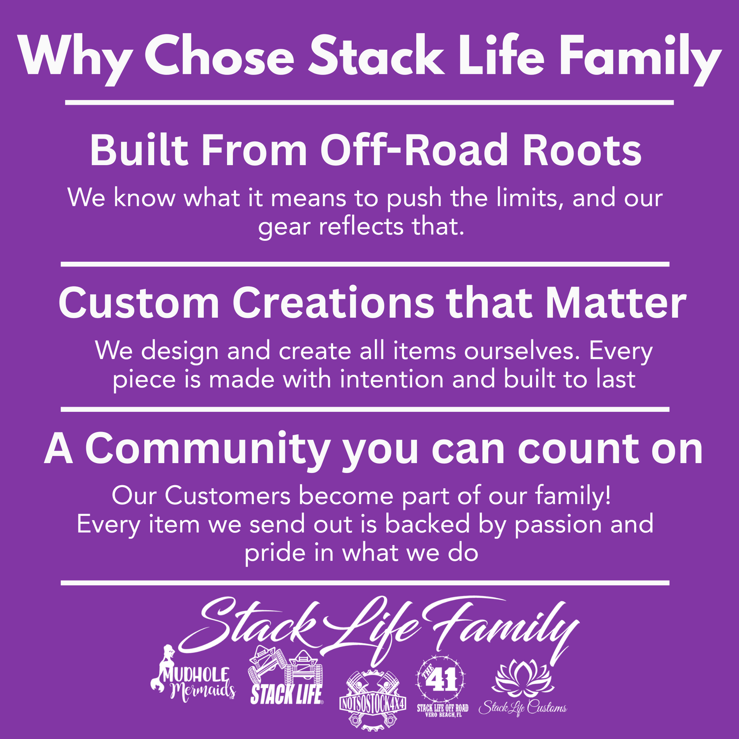 Promotional text about Stack Life Family on a purple background