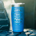 blue 20 oz stainless steel tumbler with the stackin since logo on front