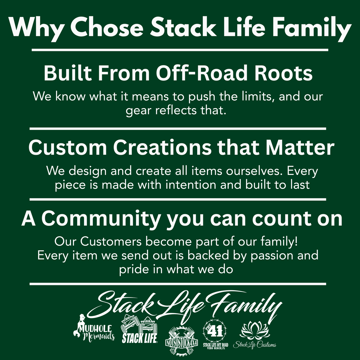 Promotional text about Stack Life Family on a green background