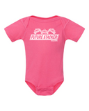 Pink Onesie with Future Stacker  across the front with 3 stacked off road vehicles