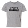 light grey youth shirt with black future stacker across the front with 3 stacked off road vehicles on top