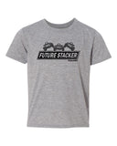 light grey youth shirt with black future stacker across the front with 3 stacked off road vehicles on top