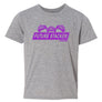 light grey youth shirt with purple future stacker across the front with 3 stacked off road vehicles on top