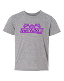 light grey youth shirt with purple future stacker across the front with 3 stacked off road vehicles on top