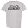 light grey toddler shirt with black future stacker across the front with 3 stacked off road vehicles on top