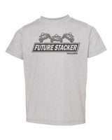 light grey toddler shirt with black future stacker across the front with 3 stacked off road vehicles on top