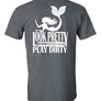 A heather t-shirt with a graphic print of a mermaid and text that reads 'Look Pretty, Play Dirty'