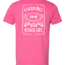 A pink t-shirt with 'Stackin' Since 1941' and 'Stack Life' 