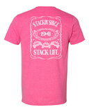 A pink t-shirt with 'Stackin' Since 1941' and 'Stack Life' 
